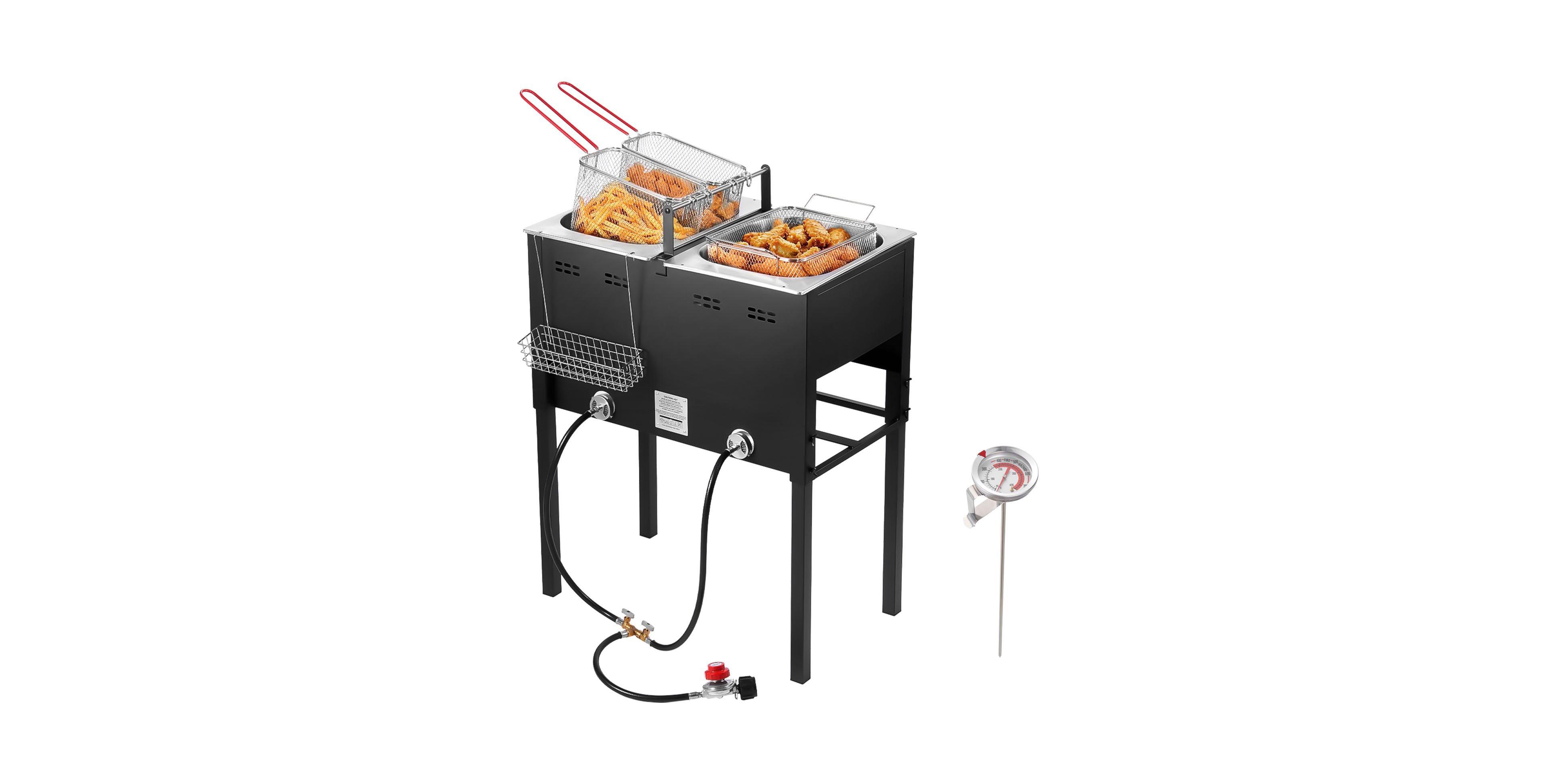 Ecooso Outdoor Propane Deep Fryer, Dual-Tank 16QT x2, Stainless Steel Fryer with 3 Baskets, Thermometer, 50,000 Btu, Floor Standing