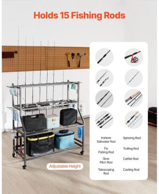 Fishing Rod Holder, 15-Rod Mobile Pole Rack Cart with Wheels for Garage or Home Fishing Gear Storage