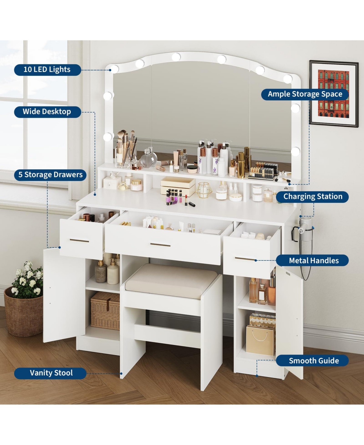 gaomon Vanity Desk with Mirror, Led Lights and Power Strip, Makeup Vanity Table with 5 Drawers, Dressing Table for Bedroom Dressing Room