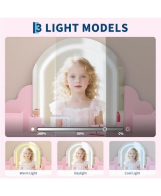 Kids Vanity with Lighted Mirror & Stool, Little Girls Vanity with Adjustable LED Light