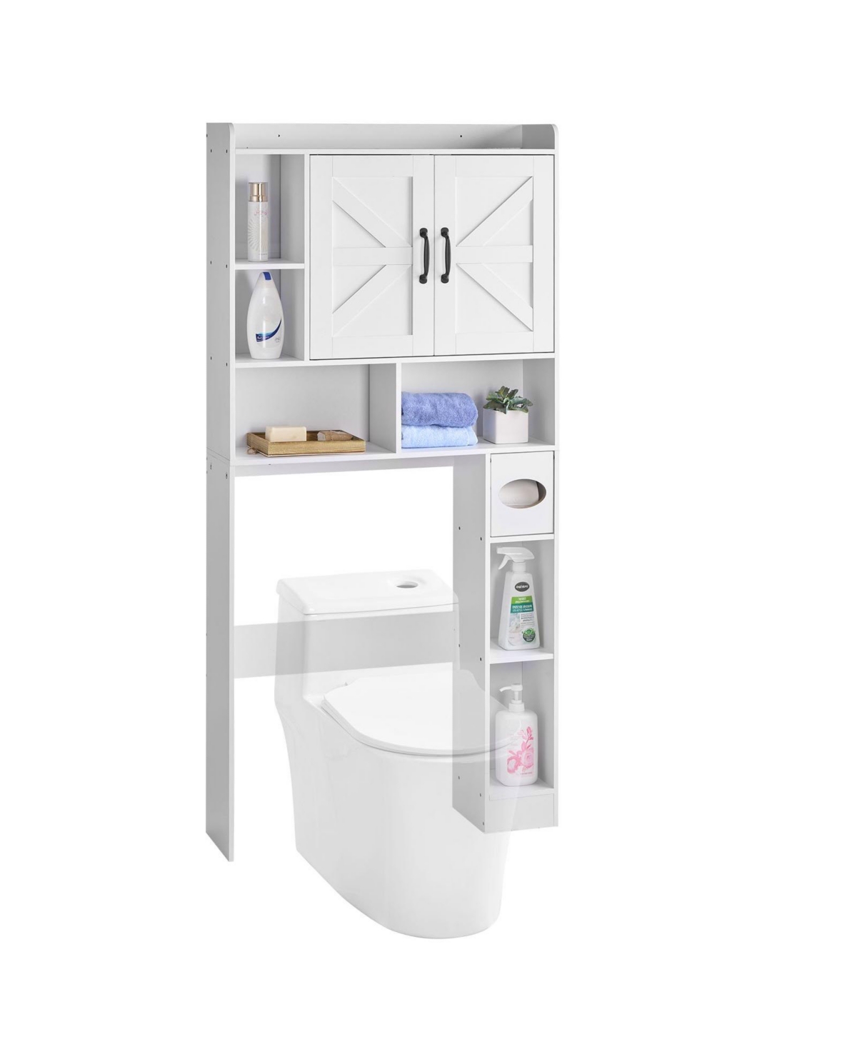 Volenca Over-the-Toilet Storage Cabinet, 66.14" Bathroom Space Saver with Double Doors, Adjustable Shelf & Open Shelf, White
