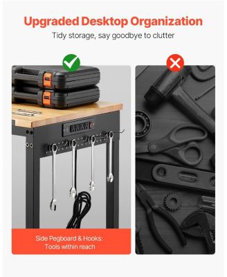 48" Adjustable Workbench, 2000 lb Load, Oak Wood Top Work Table with Power Outlet, Pegboard & Wheels, Heavy-Duty Work Bench