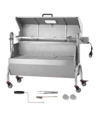 46" Rotisserie Charcoal Spit Grill with Hooded Cover, 132 lb Capacity, 52W Electric Motor, Stainless Steel Roaster, Lockable Wheels