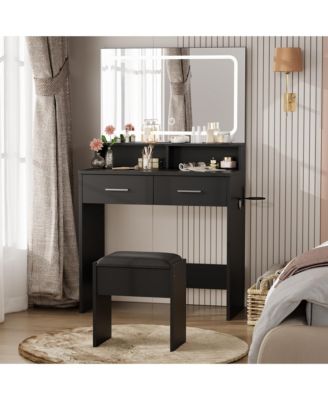 Vanity Set with 3-Color Adjustable LED Mirror Power Outlet and 2 Drawers Modern Dressing Table with Stool