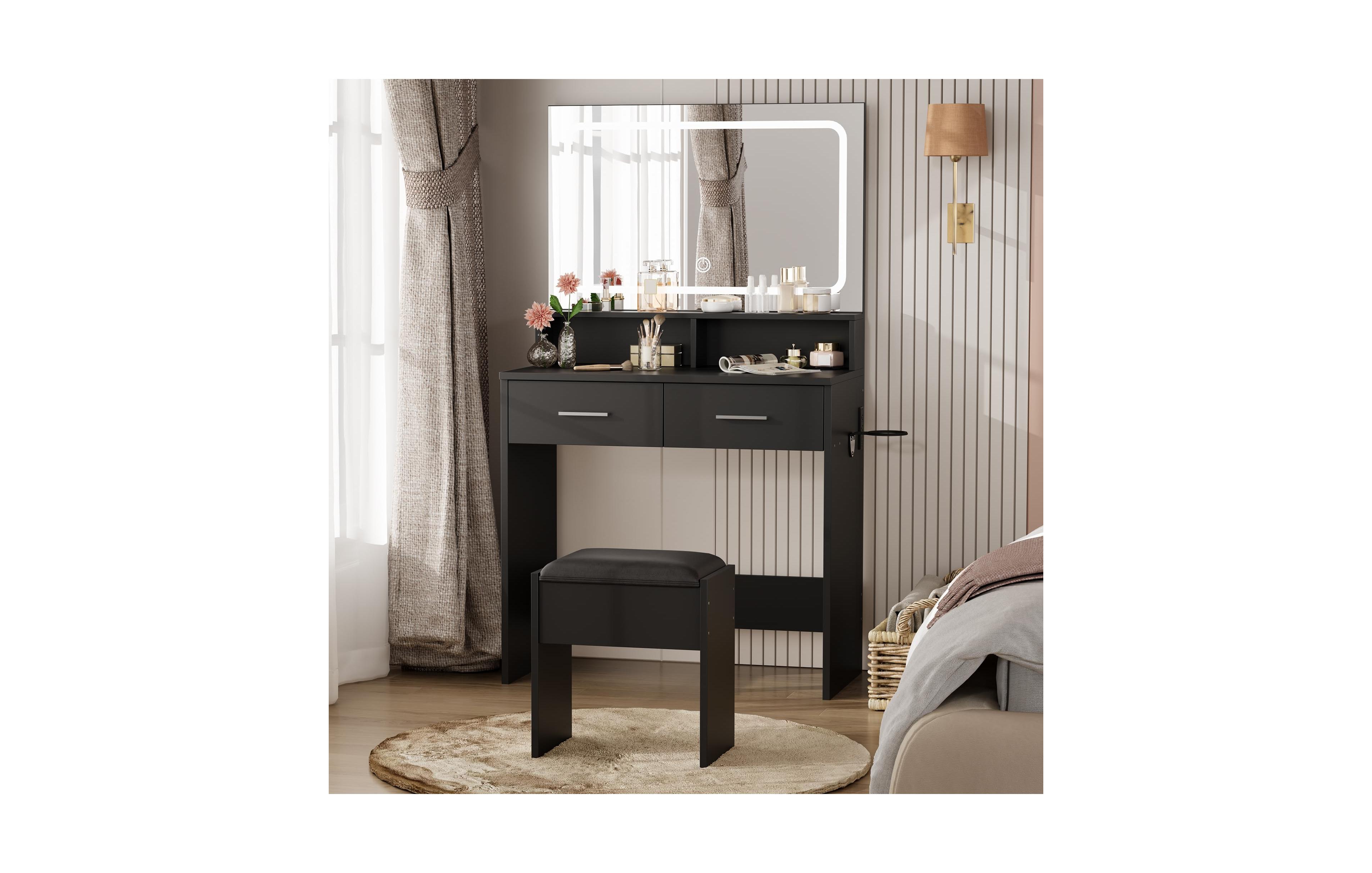 gaomon Vanity Set with 3-Color Adjustable Led Mirror Power Outlet and 2 Drawers Modern Dressing Table Stool
