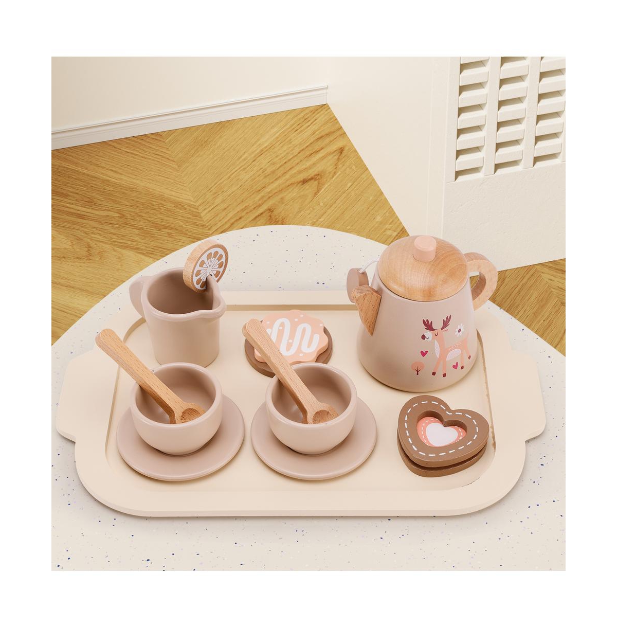 Bruce & Shark 13-Piece Wooden Tea Set with Teapot, Cups & Treats, Child-Safe Gift