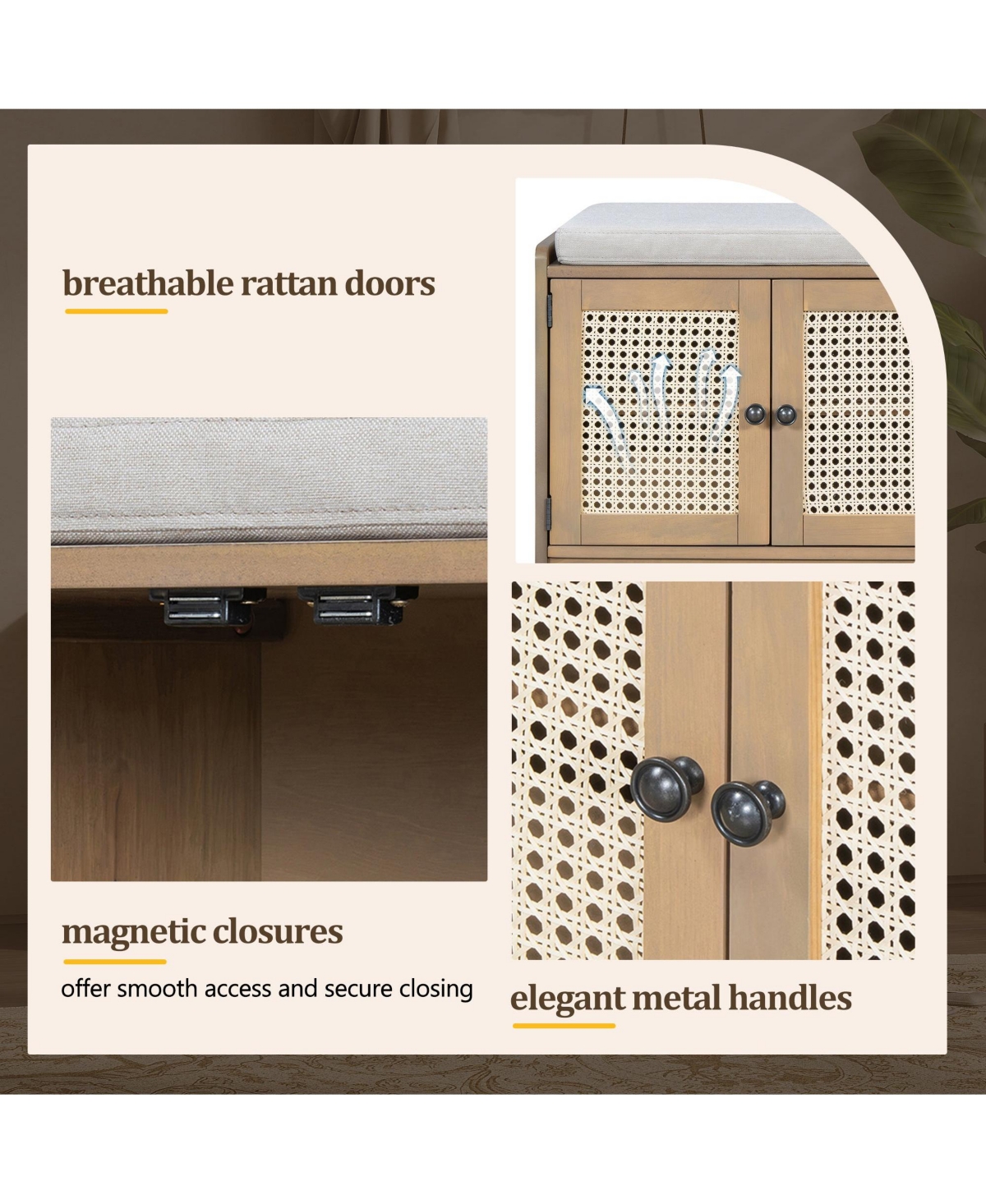 Boyel Living Rustic Wood Entryway Shoe Bench with Cushion and Adjustable Shelves