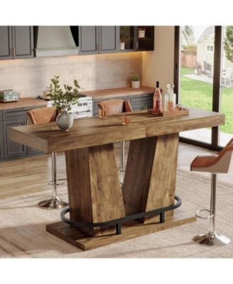 62.99" Industrial Bar Table for 4-6, Rectangle Counter Height Pub Table with Metal Footrest, Home Bar Units