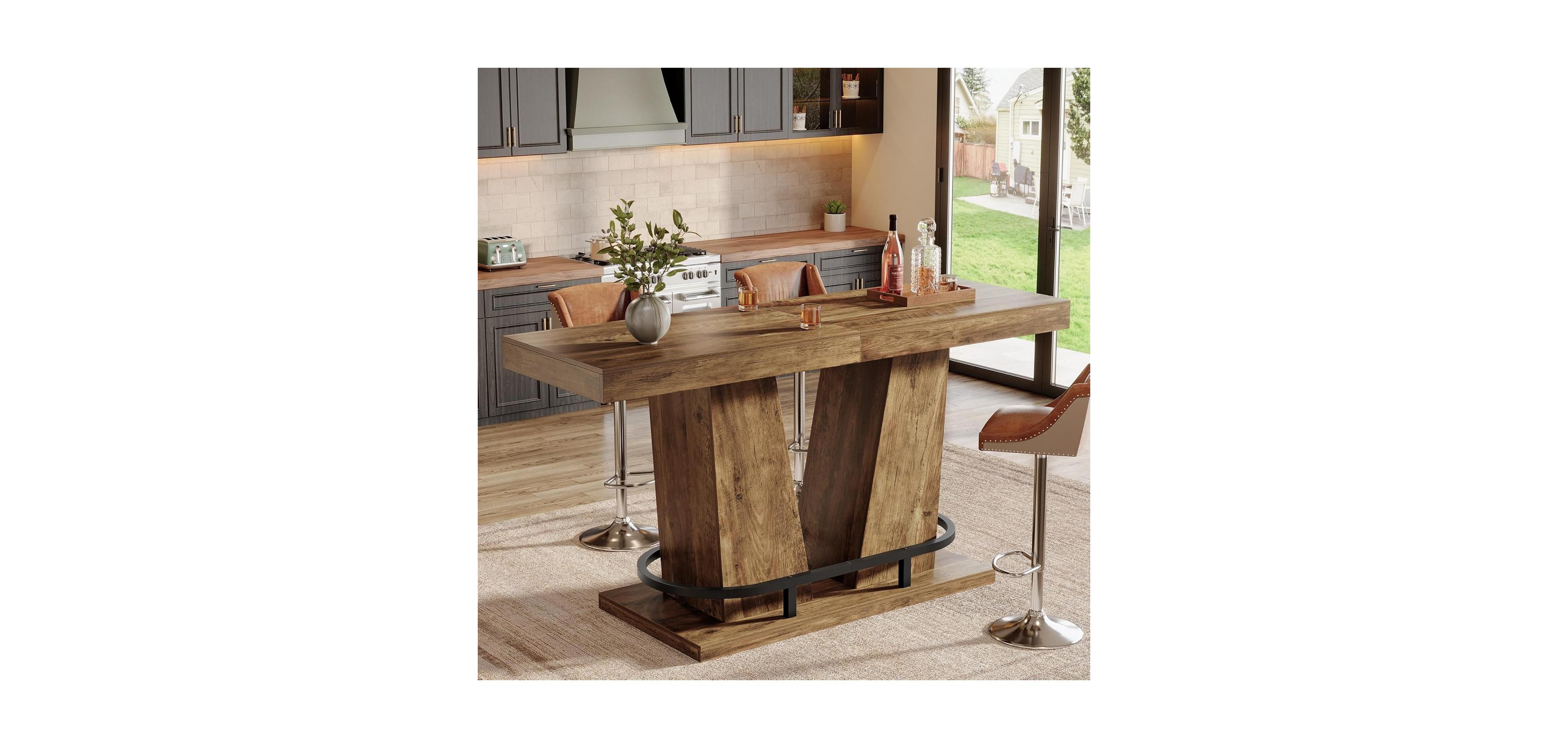 Tribesigns 62.99" Industrial Bar Table for 4-6, Rectangle Counter Height Pub Table with Metal Footrest, Home Bar Units
