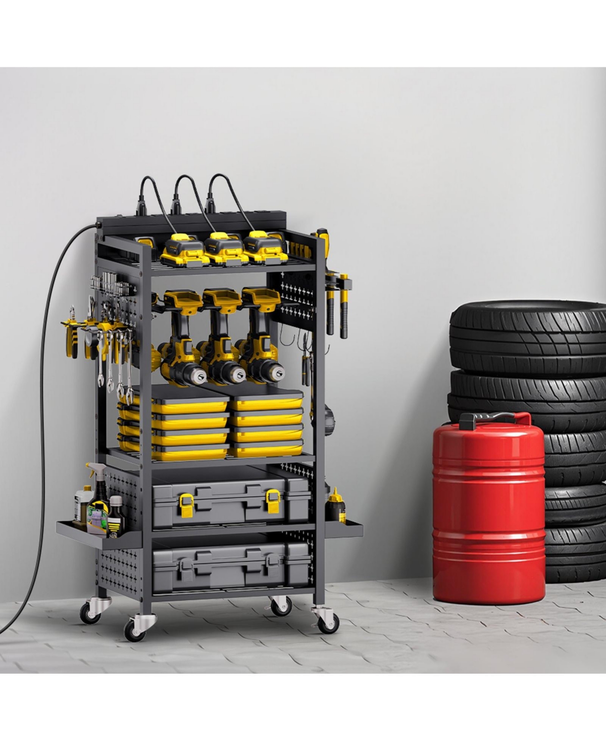 Mecale 5-Tier Tool Organizer Cart with Charging Station, 8 Ac Outlets, Rolling Drill Holder & Tool Battery Storage Rack, Wheels, Garage Use