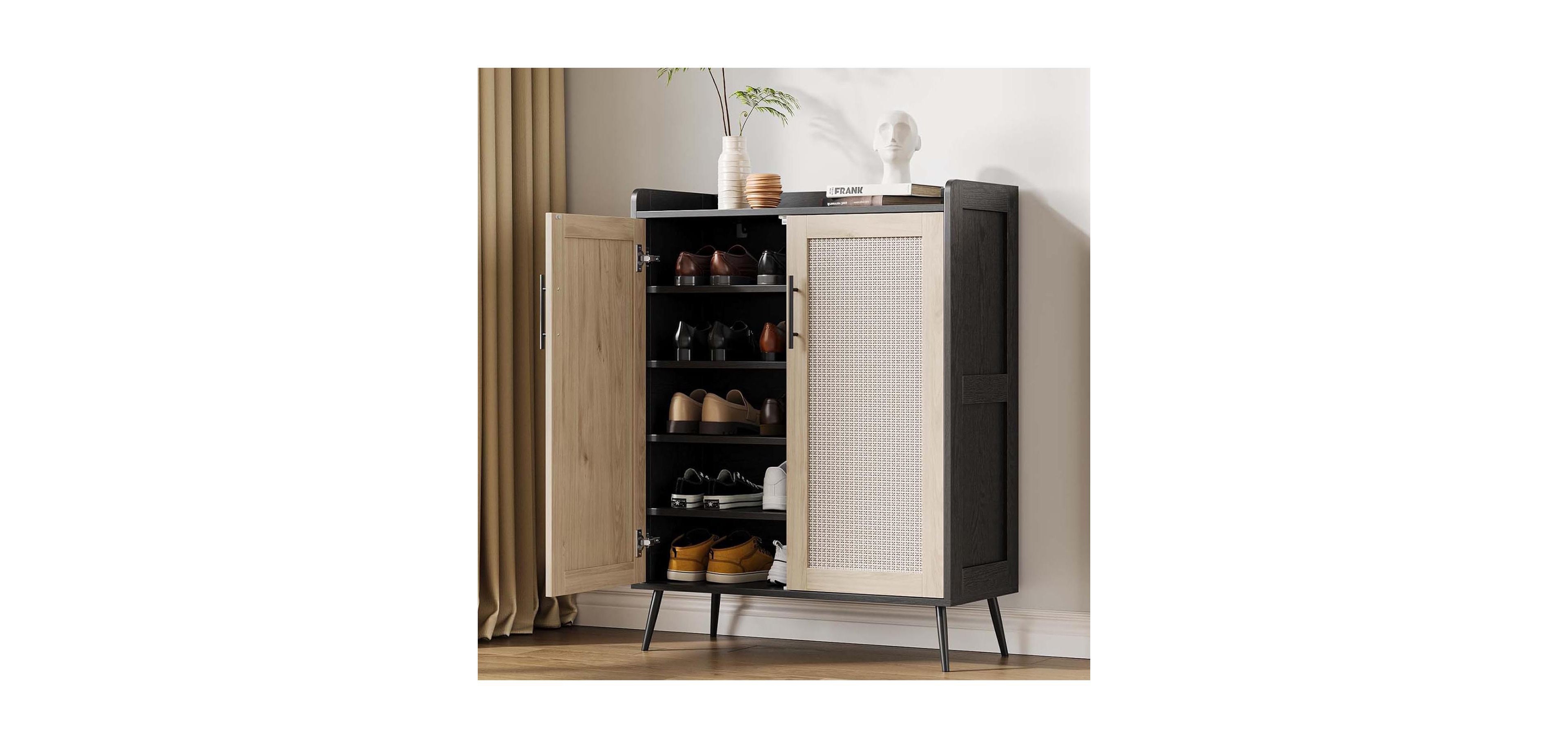 gaomon Rattan Shoe Cabinet, 5-Tier Shoe Storage Cabinet with Doors, 2 Adjustable Shelves and Heavy Duty Metal Legs