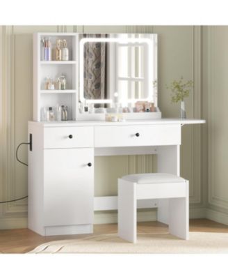 Makeup Vanity Desk with Mirror and Lights - Vanity Table Set with Drawer/Power Outlet/Storage Chair/3 Shelves for Bedroom - White