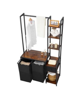 3-Tier Laundry Sorter with Rack, 2-Section Hamper with Shelves & Drawers, Ladder Shelves, 600D Oxford Bags, Metal Frame