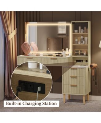 Fluted Makeup Vanity Desk with Mirror, Glass Top, Charging Station, 5 Drawers & Shelves for Bedroom