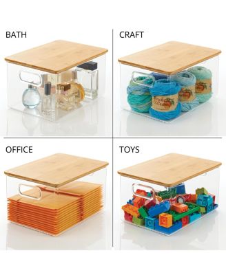 Plastic Kitchen Storage Box - Bamboo Lid, Handles, 4 Pack, Clear/Natural