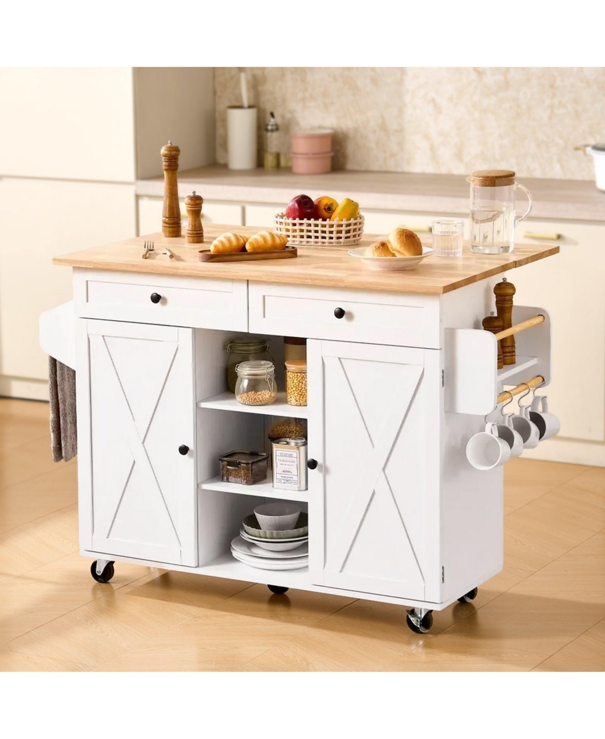 Volenca 52" Kitchen Island Cart with Solid Wood Top, Storage Cabinet, Drop Leaf, Drawers, Spice Rack, Towel Rack, Swivel Wheels