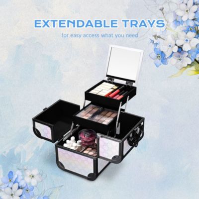 Rolling Makeup Train Case w/ Cube Case Cosmetic Organizer ForgetMeNot