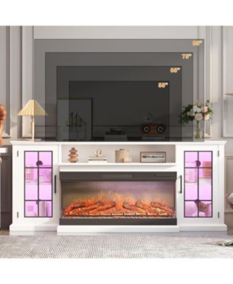 75" 3-Sided Glass Fireplace TV Stand for TVs Up to 85", 40" Electric Fireplace, Rustic Distressed Media Console with Glass Doors & Storage