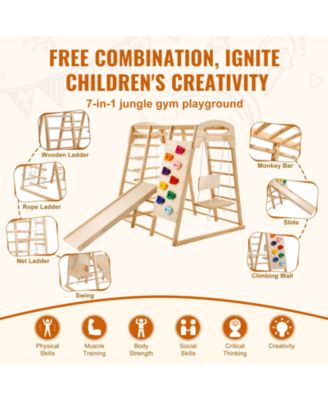 7-in-1 Indoor Jungle Gym, Wooden Climbing Playset w/ Ladders, Net, Swing, Monkey Bars, Slide & Wall
