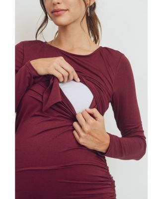 Maternity Front Tie Crew Neck Side Ruched Nursing Dress