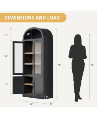 Arched Storage Bookcase, 6-Tier Modern Wooden Shelving with Doors for Living Room, Black