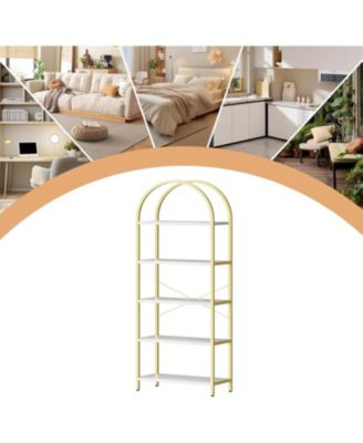 Set of 2 Modern Arched Bookcases, 5-Tier Metal Frame Shelves with Marble Finish for Living Room & Office