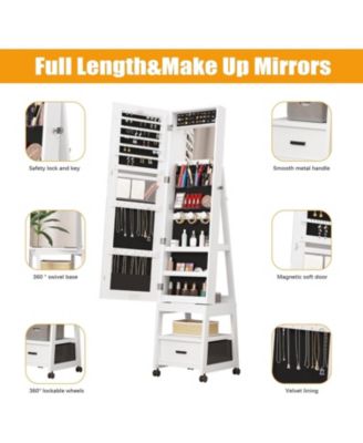 360&deg; Swivel Jewelry Armoire with Storage Shelf & Drawer – 66" H Full-Length Mirror Jewelry Floor Standing Organizer with Wheels