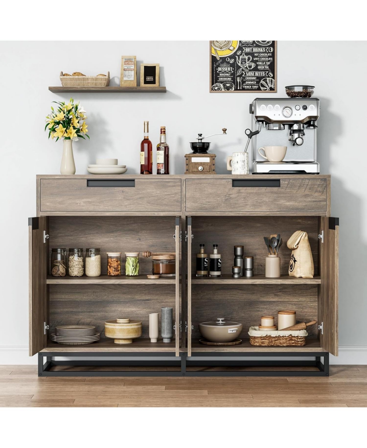 gaomon Kitchen Buffet Cabinet 55 Inch Large Modern Sideboard with 2 Drawers and 4 Doors, Coffee Bar Table for Dining Room