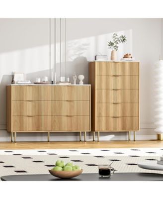 6-Drawer Modern Fluted Wood Dresser with Gold Handle, Large Storage Organizer for Bedroom, Living Room, Hallway