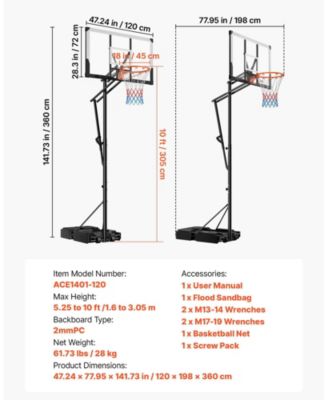 Portable Basketball Hoop, 5.25–10 ft Height Adjustable Stand with 48" PC Backboard, Rolling Wheels, Outdoor Goal System