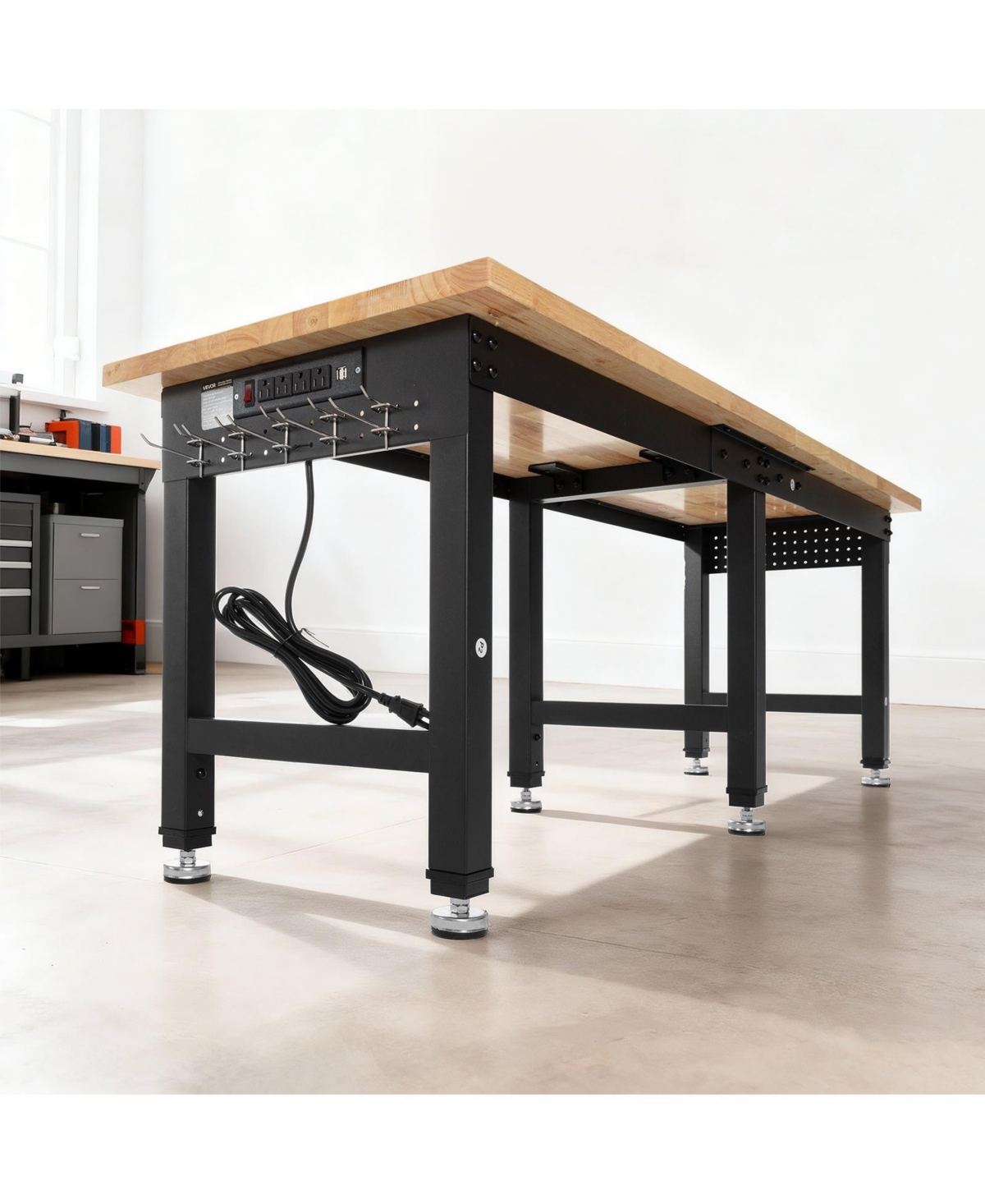 Mecale 96" Adjustable Workbench, 5000 lb Capacity, 96 x 24" Oak Wood Top, 4 Ac Outlets & 2 Usb Ports, Heavy-Duty Worktable