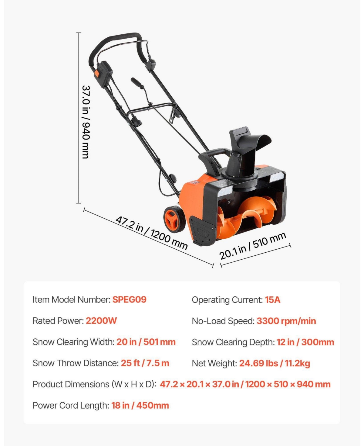 Mecale Electric Snow Blower, 20", 15A Corded Snow Thrower, Dual Led Lights, 180° Chute, 25 ft Throw, 12" Depth