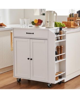 32" Kitchen Island Cart with Power Outlet, Storage Cabinet, Drawer, Adjustable Shelf, Spice Rack, Towel Bar, Rolling