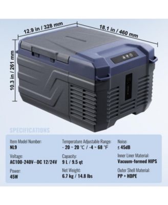 9L Single Zone Car Refrigerator Freezer, -4°F to 68°F, 12/24V DC & 100-240V AC, Portable Compressor Cooler