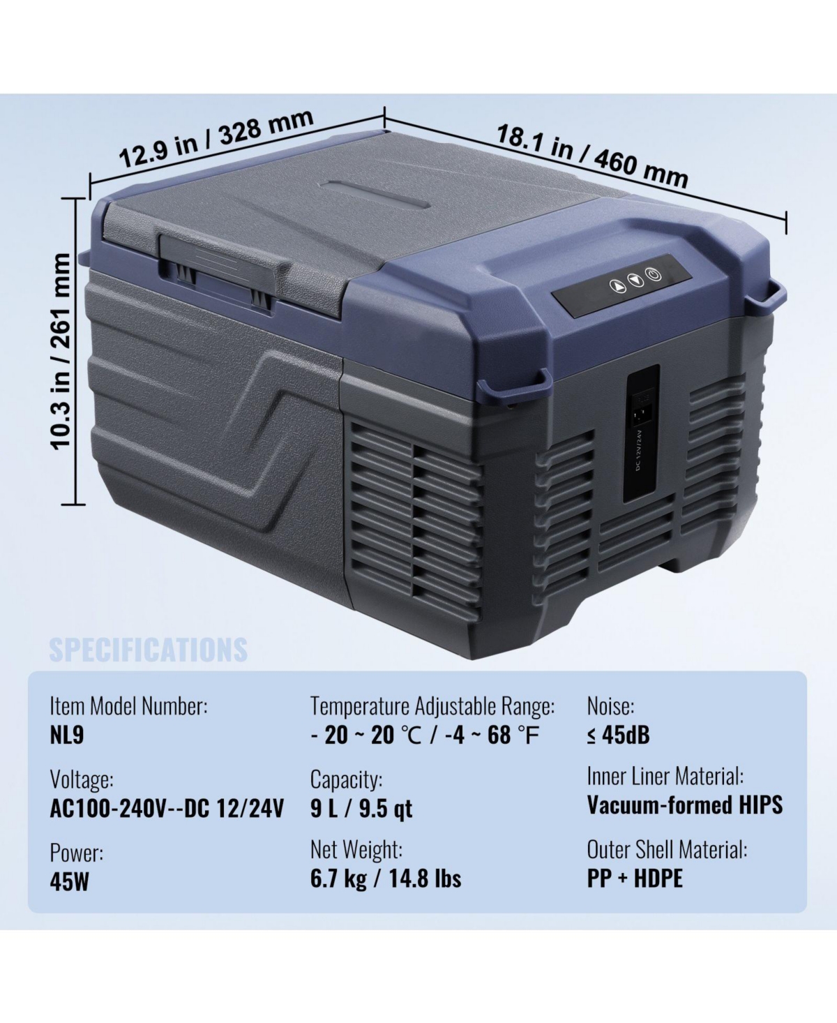 Mecale 9L Single Zone Car Refrigerator Freezer, -4°F to 68°F, 12/24V Dc & 100-240V Ac, Portable Compressor Cooler