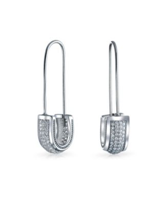 Cubic Zirconia Pave CZ Safety Pin Threader Earrings .925 Sterling Silver