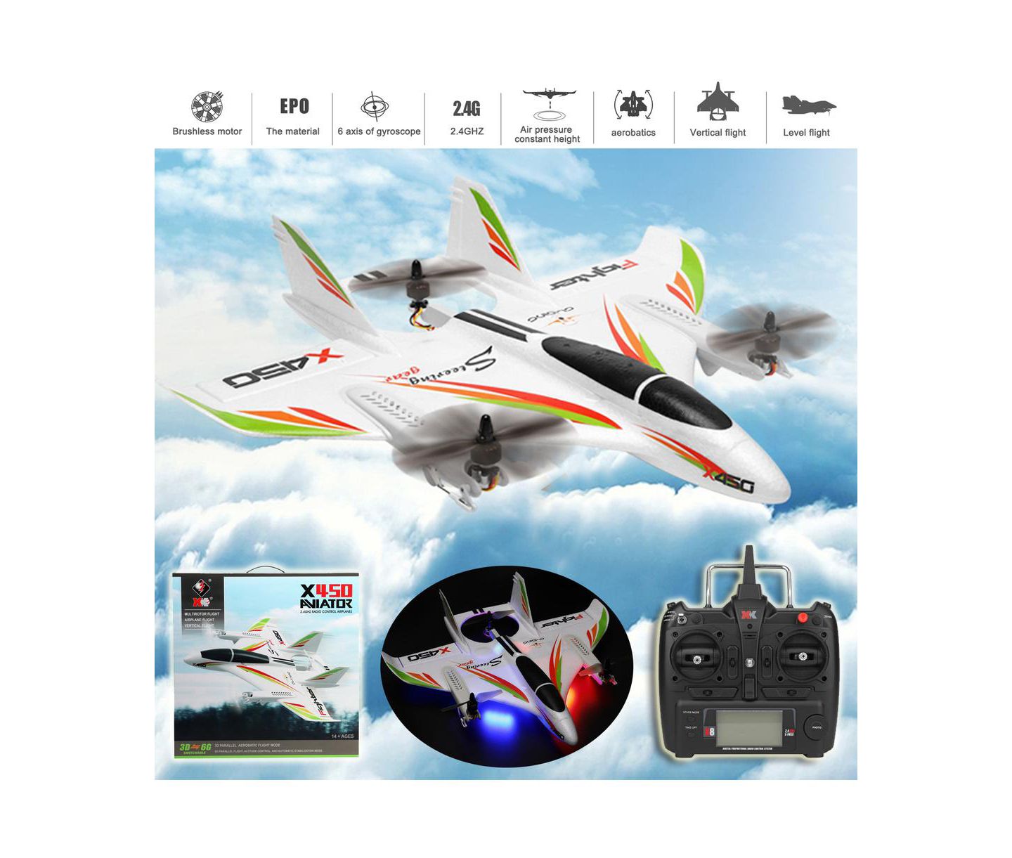 Детская игрушка Bruce & Shark X450 Vtol 3D/6G Modes RC Plane, цвет: Белый — фото 2
