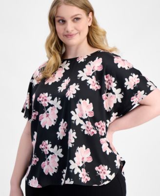 Plus Size Printed Satin Short-Sleeve Top