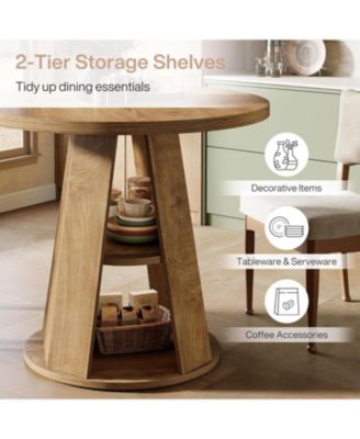 Round Dining Table for 2–4, 31.5" Small Farmhouse Kitchen Table with 2-Tier Storage Shelf, Space-Saving Wood Dining Table, Light Brown
