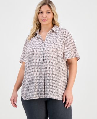 Plus Size Printed Short-Sleeve Button-Front Shirt