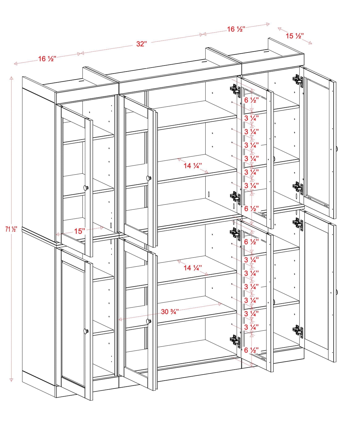 Palace Imports 100% Solid Wood 65" Pantry China Cabinet with Clear Glass, Shaker Doors & Adjustable Shelves