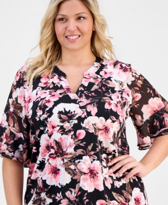 Plus Size Split-Neck Printed Flutter-Sleeve Top 