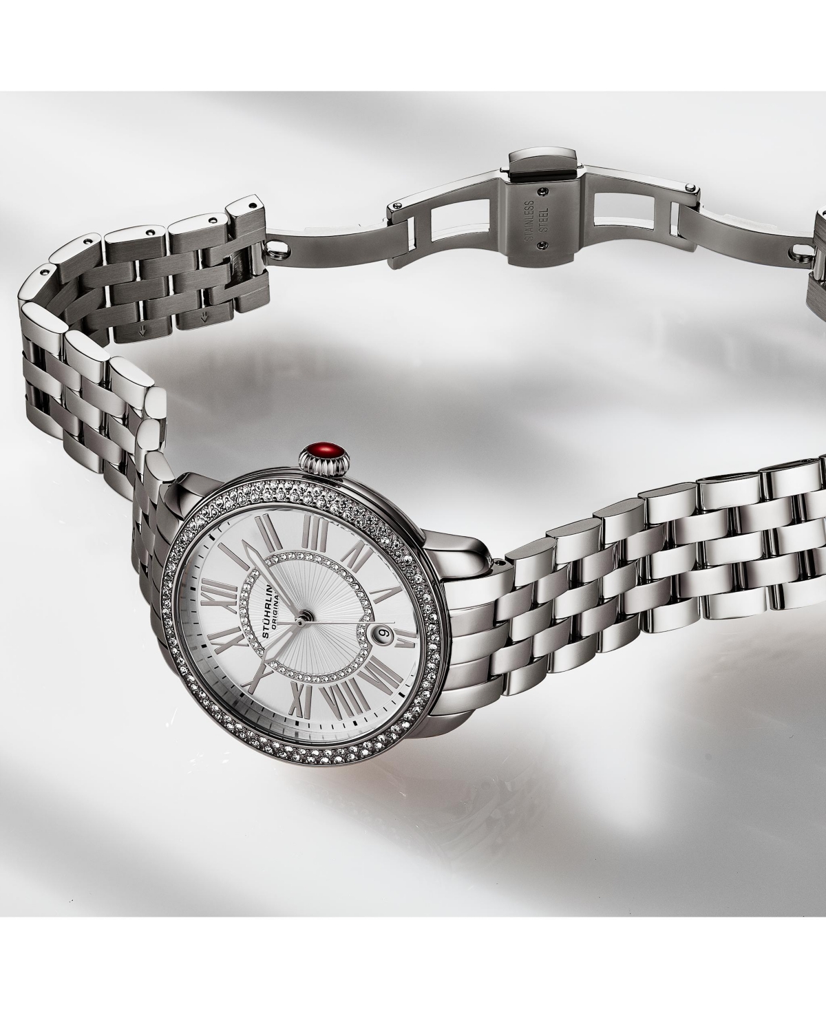 Stuhrling Celestia 4080 Women s Quartz 38mm Watch with Swarovski Crystal Bezel, Roman Numeral Sunray Dial & Stainless Steel Bracelet