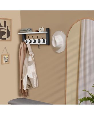 16 Inch Floating Wall Shelf with 5 Heavy Duty Hooks – for Entryway, Bathroom, Bedroom, Kitchen, or Mudroom