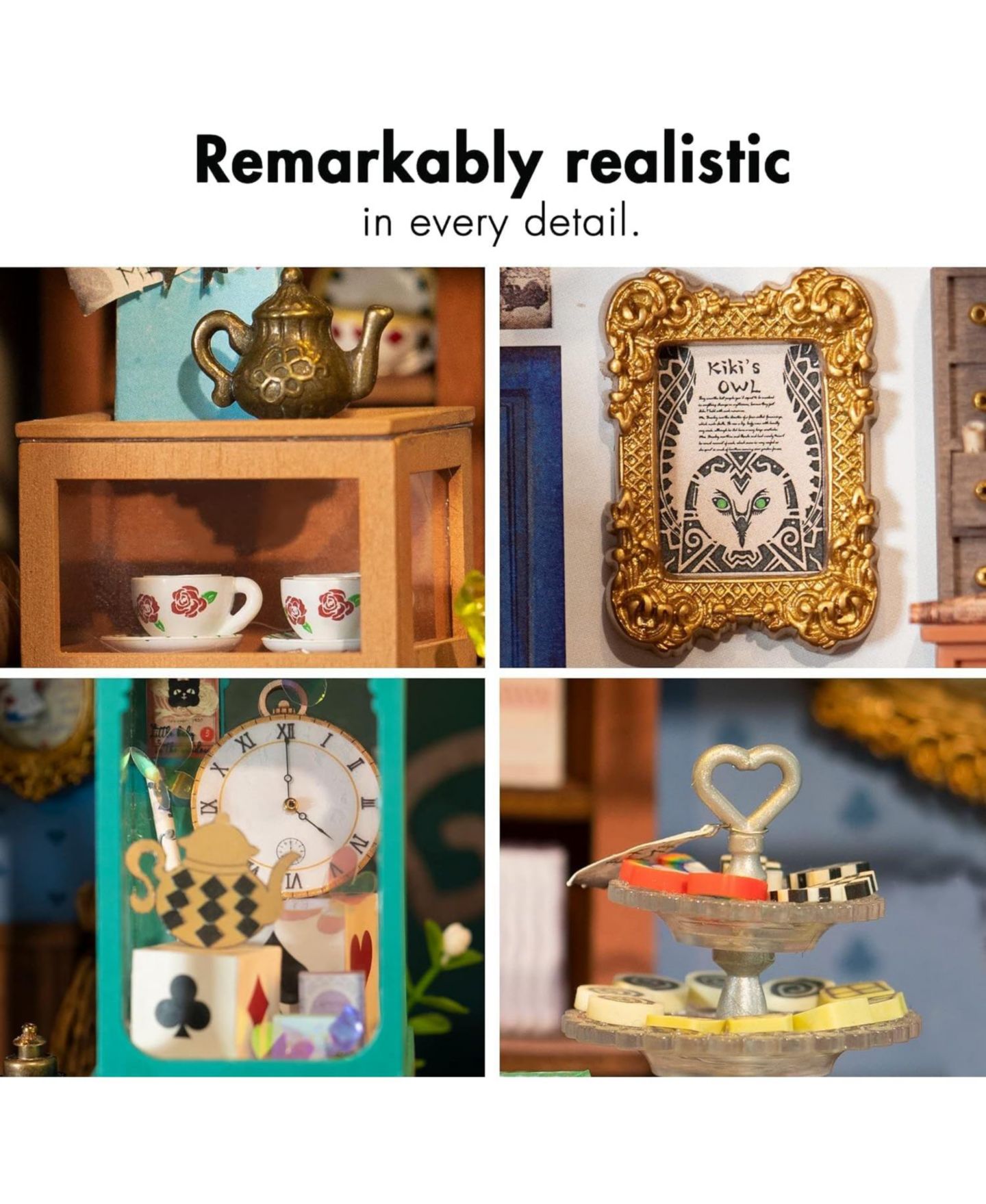Детские куклы Robotime Alice's Tea Store 1:24 Scale Plywood DIY Miniature House Kit with LED Light, Ages 14+ — фото 6