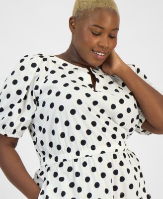 Plus Size Dot-Print Puff-Sleeve Smocked-Waist Midi Dress  