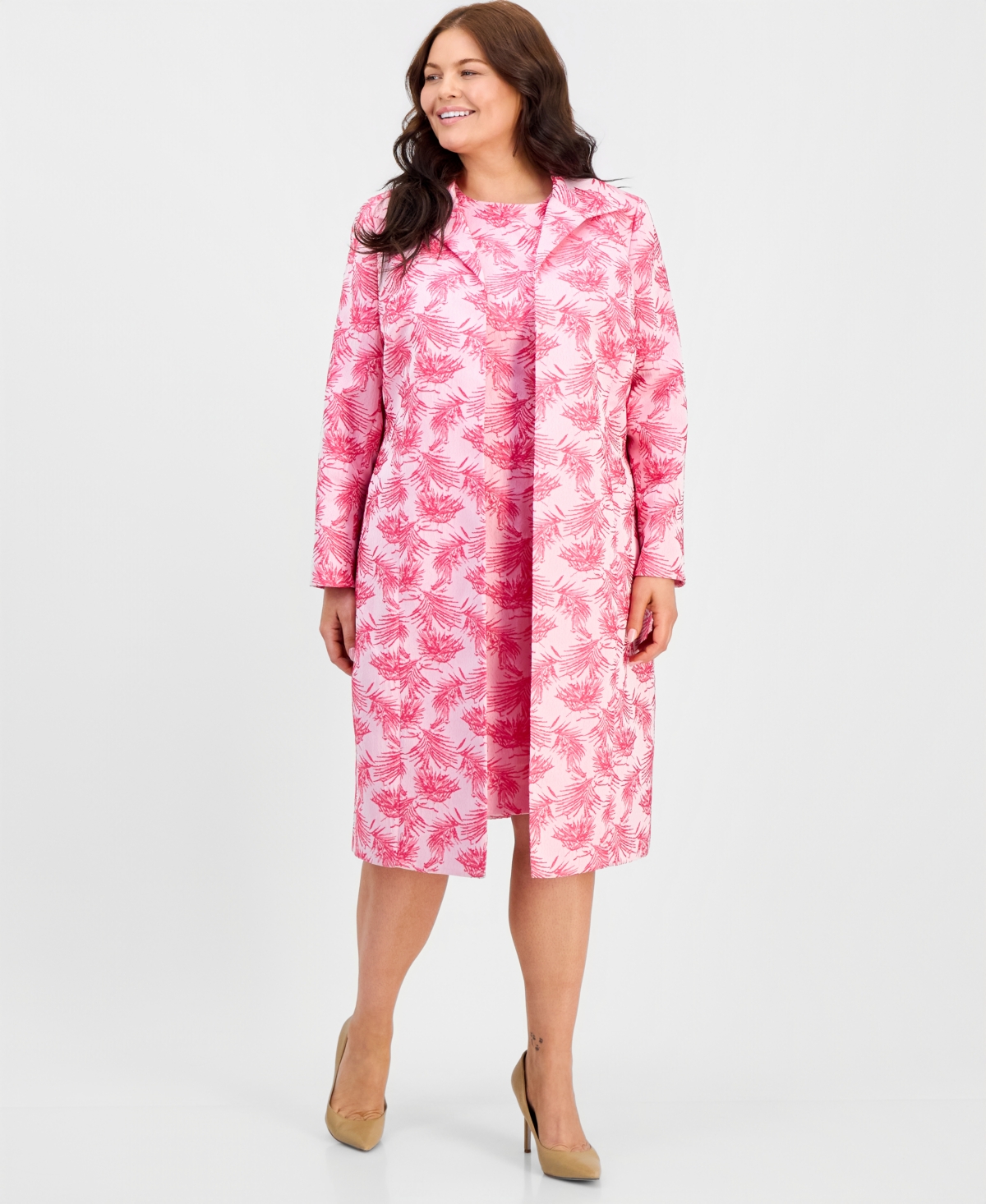 Kasper Plus Jacquard Collared Open-Front Topper