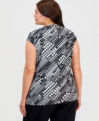 Plus Size Printed Cowlneck Cap-Sleeve Knit Top