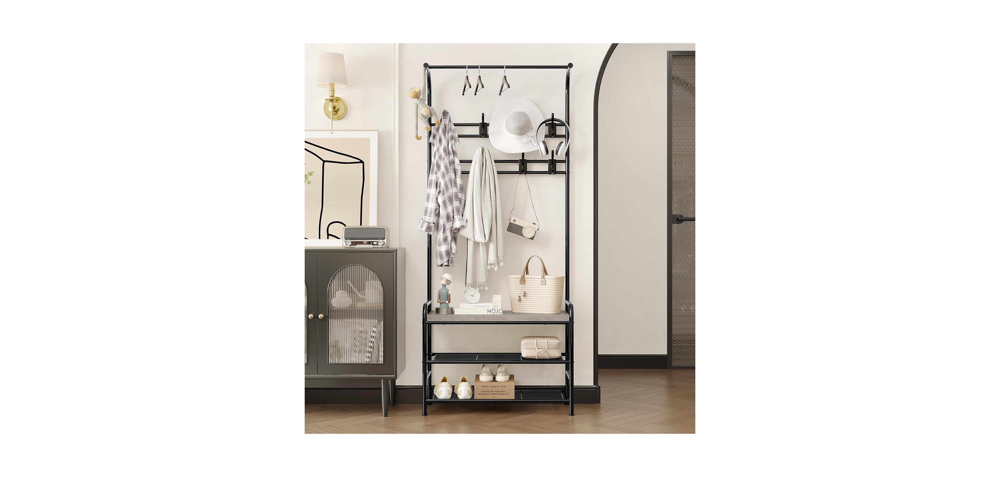 gaomon Entryway Hall Tree, 4-in-1 Freestanding Coat Rack with Shoe Storage Bench, 3-Tier Shelf, Hanging Rod, and 8 Adjustable Hooks for Entryway