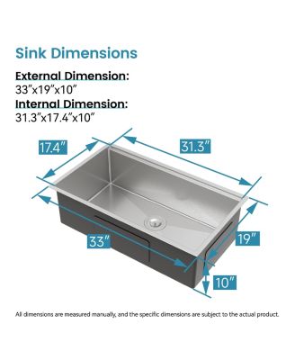 33" x 19" Stainless Steel Single Bowl Undermount Kitchen Sink